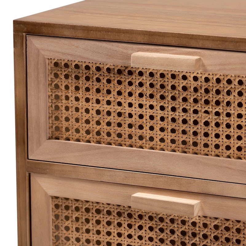 Baxton Studio Baden Mid-Century Modern Walnut Brown Finished Wood 3-Drawer End Table with Rattan