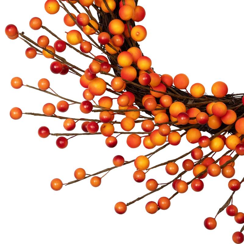 14" Orange Red Berry Artifical Fall Harvest Twig Wreath, 14", Unlit