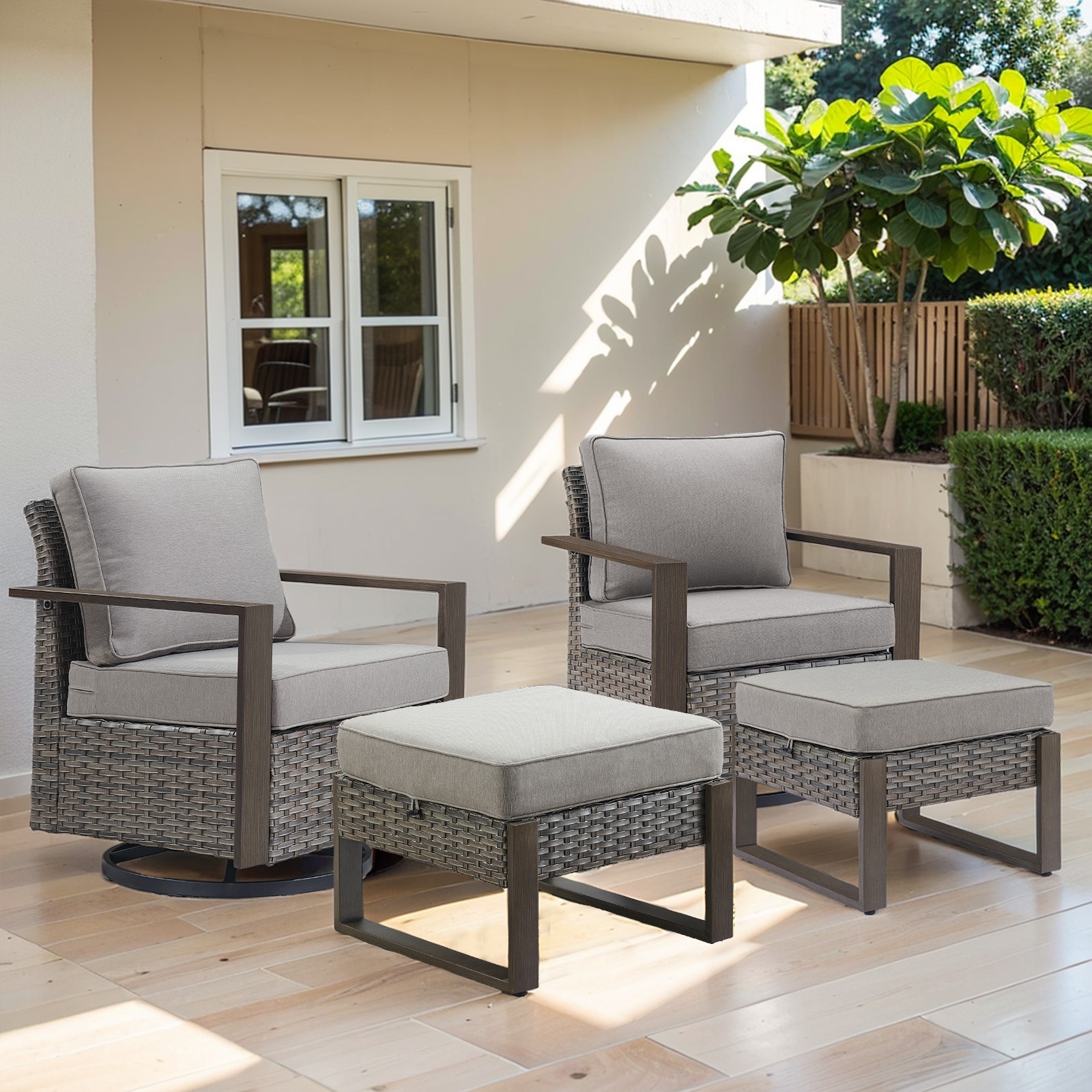 Outdoor Swivel Rocker Patio Chairs and Ottoman - Grey