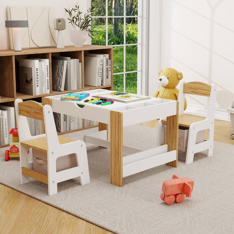 Anmytek White Kids 2 in 1 Activity Play Table and 2 Chairs Set with 7 Storage Compartments for Building Blocks