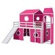 preview thumbnail 5 of 56, Castle Style Twin/Full Size Loft Bed with Slide and Ladder, Solid Wood Loft Bed Frame with Pink Tent and Tower, Playhouse Bed