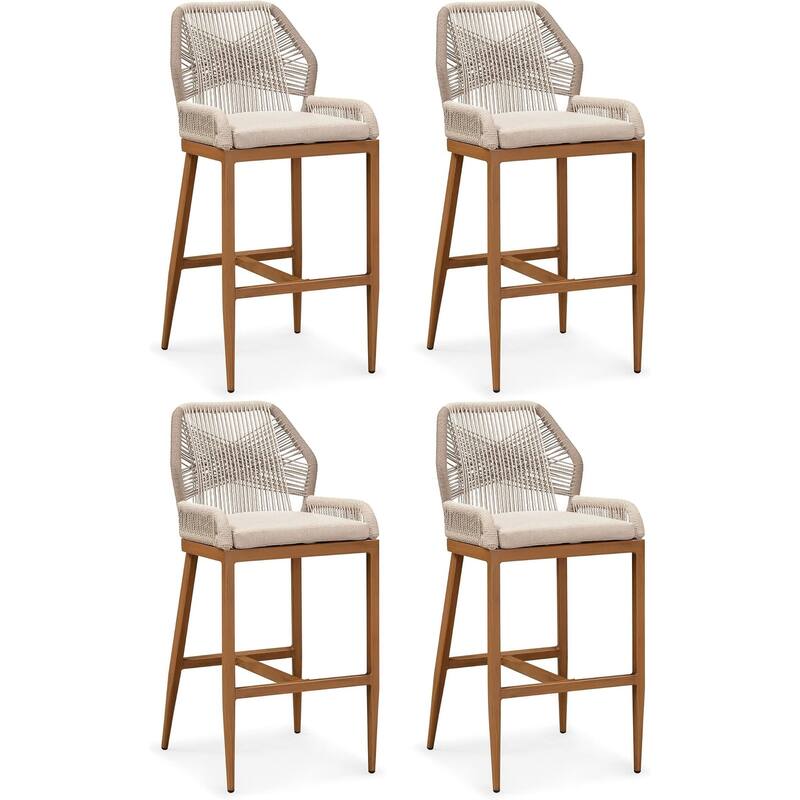 PURPLE LEAF Bar Stools Set of 4 Outdoor Bar Height Metal Stools Modern Wicker Rattan Barstools with Back Aluminum - Twill-43.11"H