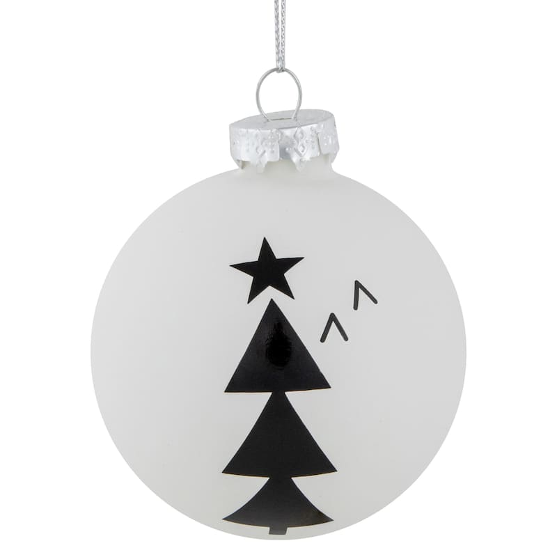 Star Topped Trees Glass Ball Christmas Ornaments - 3" - White and Black - 4ct