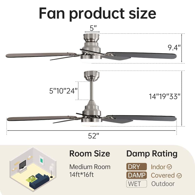 42"/52" Ceiling Fan with Remote,Dual Blade Finish,3CCT LED Light,Plywood Blades,Flush Mount and Downrod Mount