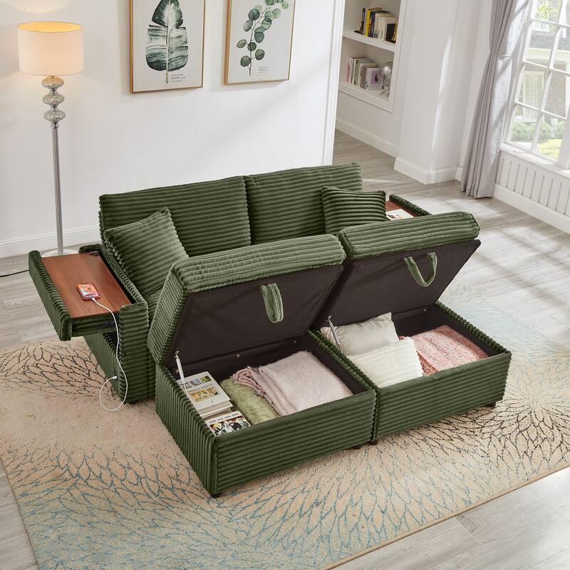 Modular Chaise Sleeper Sofa Bed, Corduroy Loveseat Couch & Storage Ottomans Set with Folding Table Boards and USB Ports - Green