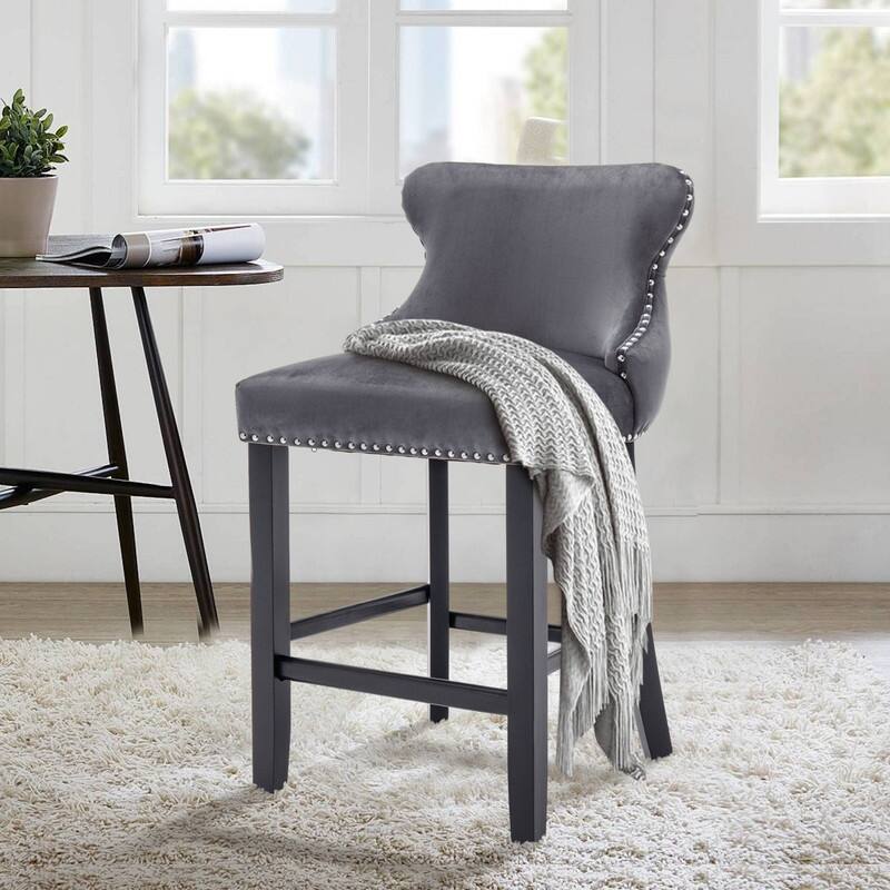 Button Tufted Velvet Wing-Back Barstools Set of 4