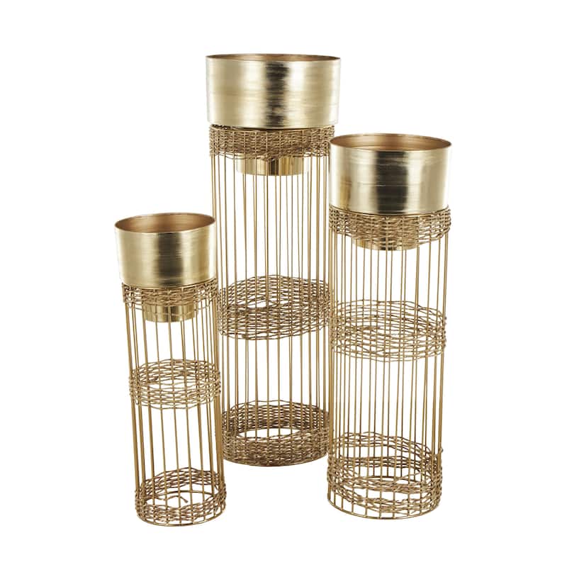 Metal Textured Dome Indoor Planter with Woven Seagrass or Rattan and Cage Rod Base - Set of 3 Gold or Silver - Roche River Decor
