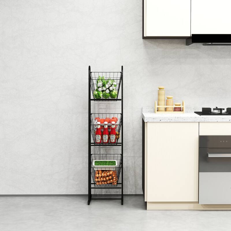 3-Tier Kitchen Storage Basket Organizer, Freestanding Metal Wire Rack for Fruit, Vegetables, and Pantry Items - Black