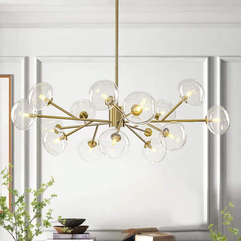 15-Light Concave Glass Globe Chandelier - Modern Brass Molecular Ceiling Light for Living Room - 15 Light - Clear/Gold - 15 Light