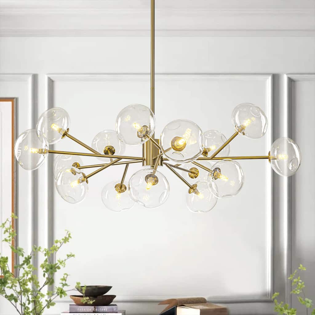 15-Light Concave Glass Globe Chandelier - Modern Brass Molecular Ceiling Light for Living Room - 15 Light