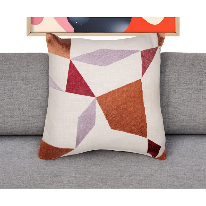 HomeRoots 20" Ivory Red and Orange Geometric Cotton Blend Throw Pillow With Embroidery - Accent - Polyester