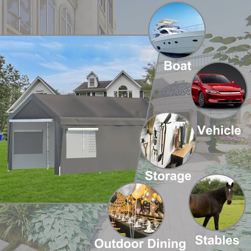 Grey Galvanized Steel 180g PE Waterproof Carport Garage with Windows