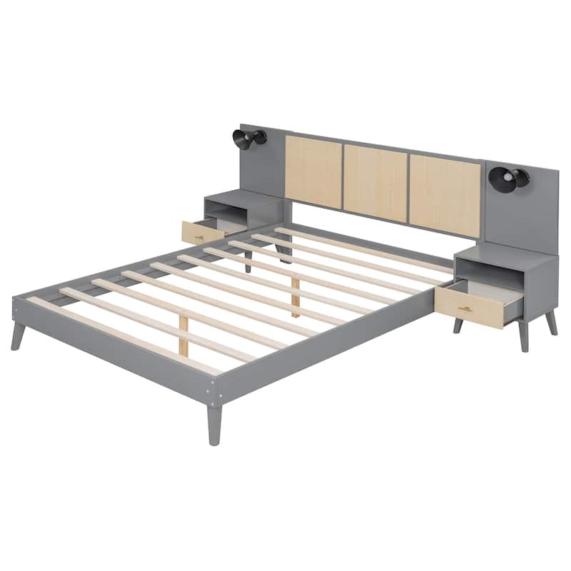 Queen Bed Frame with 2 Nightstands, Rattan & Wood Combination, Built-in Lamps