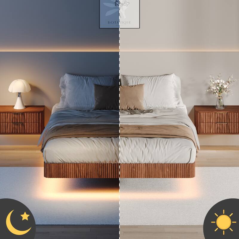 Smart LED Floating Bed without Headboard, Wave Curve Wood Texture Bed Frame, Heavy Duty Metal Slat Support