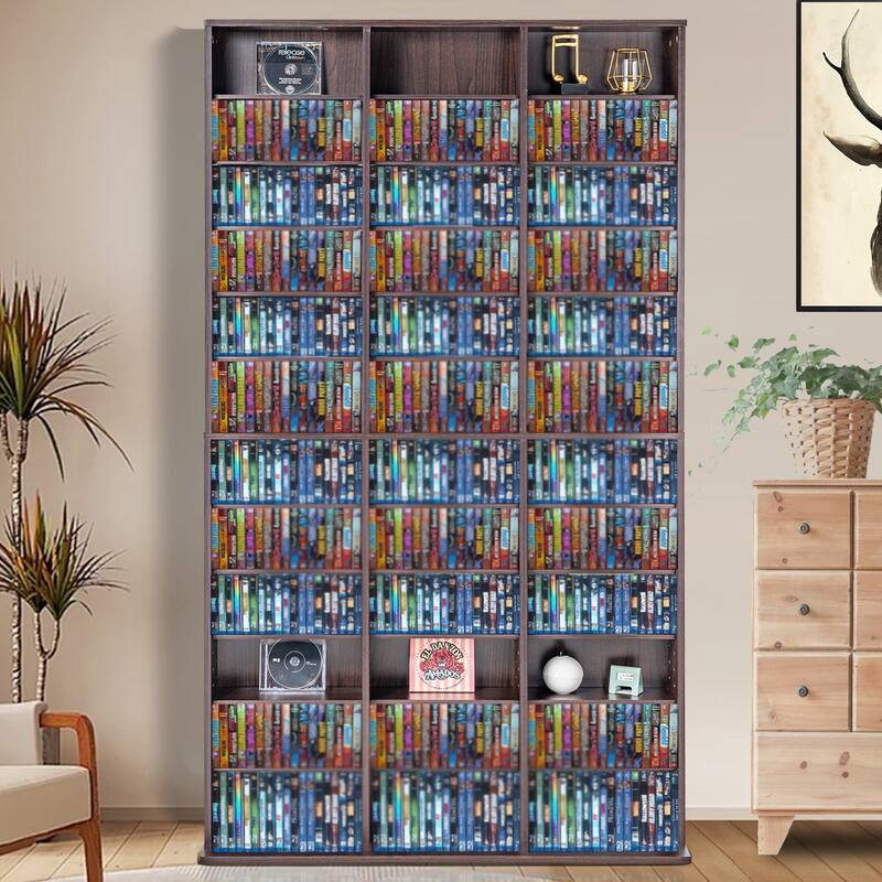 Espresso 12-Layer Media Storage Cabinet with Adjustable CD Shelves and 36 Compartments - 40.08" x 9.09"W x 71.26"