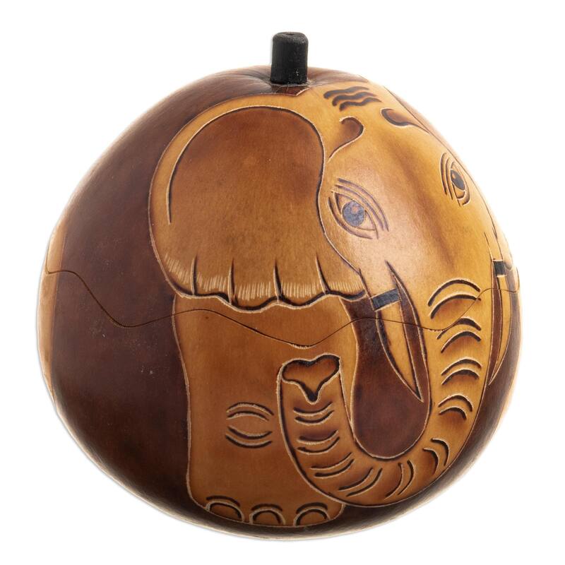 Novica Handmade Earth Tone Elephant Dried Mate Gourd Decorative Box