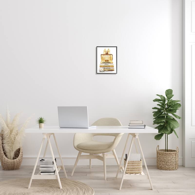 Stupell Divine Golden Fashion Purse on Glam Designer Bookstack Framed Wall Art