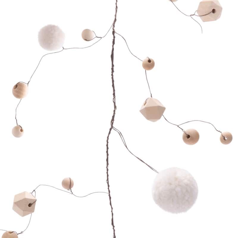 Wood Bead and Puff Ball Garland (Set of 2)