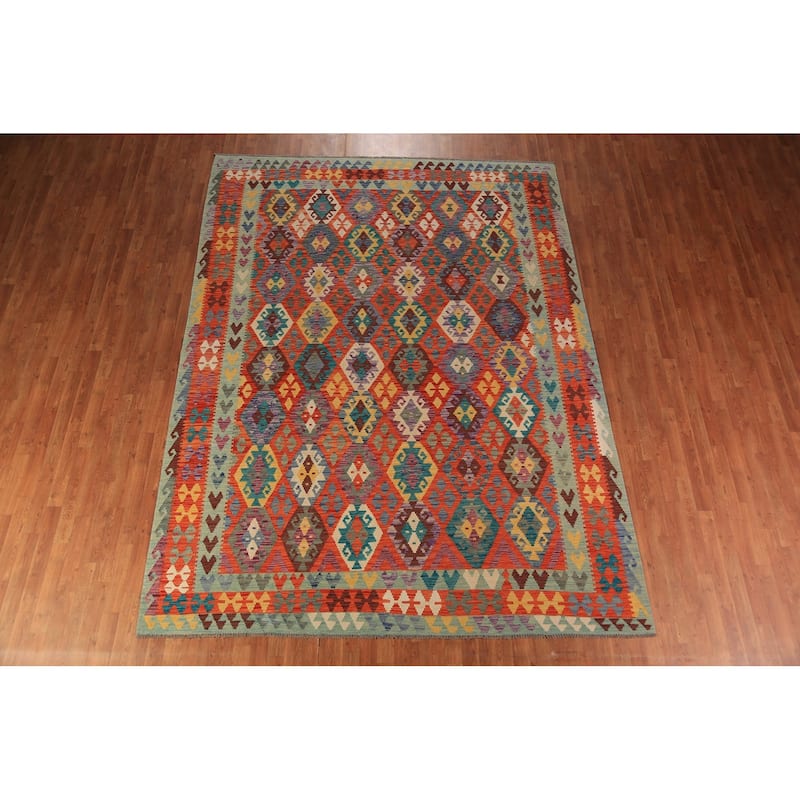 Orange Kilim Reversible Rug Flatweave Oriental Wool Carpet - 8'5"x 11'2"