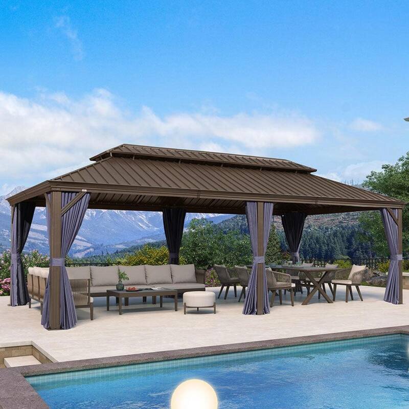 PURPLE LEAF Hardtop Aluminum Gazebo with Curtains and Netting, Double Roof Patio Gazebo - 12' x 24' - Navy Blue