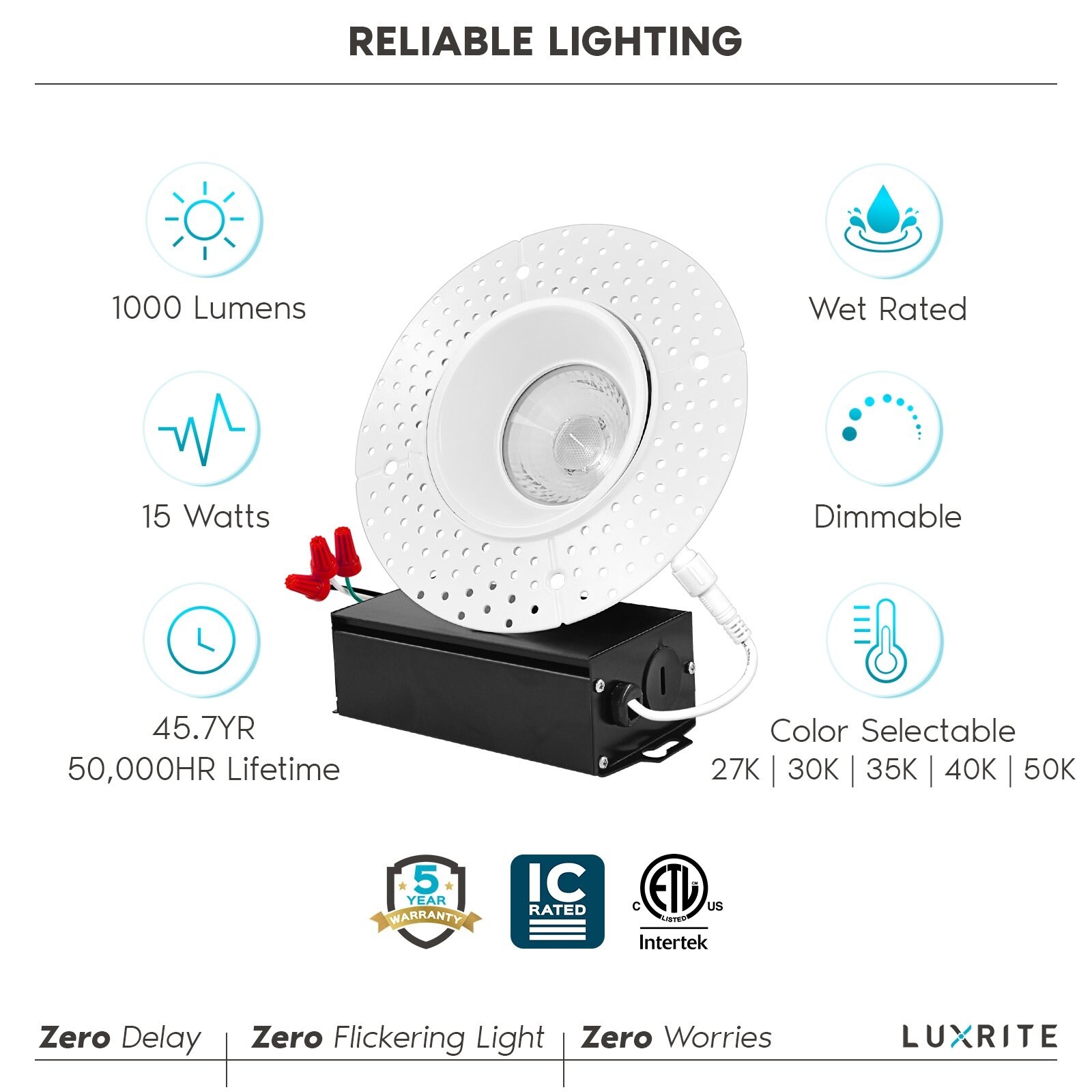 Luxrite 4 inch Trimless LED Recessed Light 5 Color Option Plaster Downlight 1000 Lumens Dimmable Wet Rated, Other