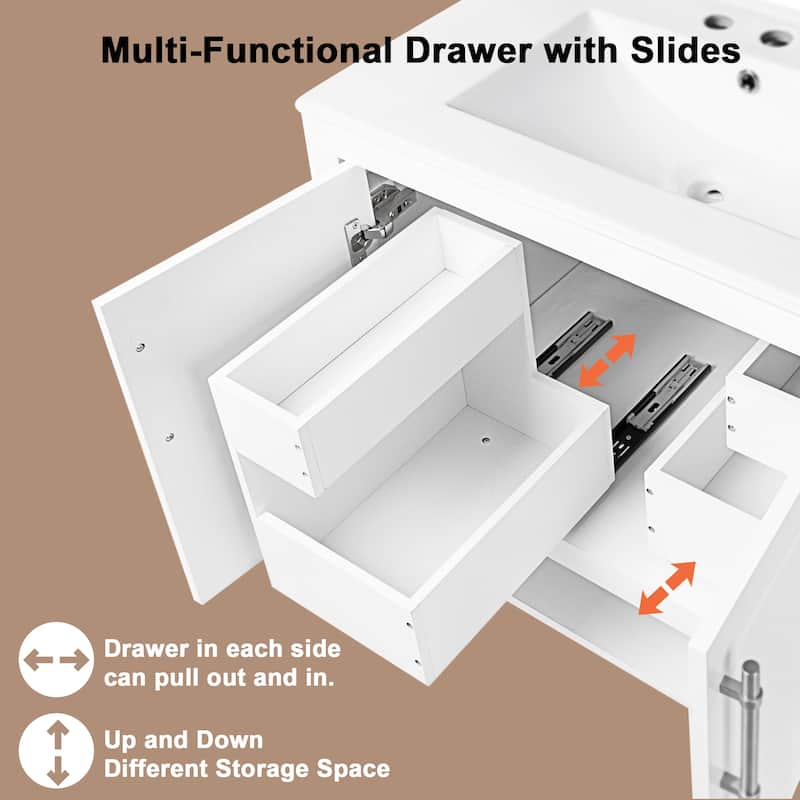 GDFStudio - Avalon 30-Inch Freestanding Bathroom Vanity with Ceramic Sink, Multi-functional Cabinet, Solid Wood & MDF Board