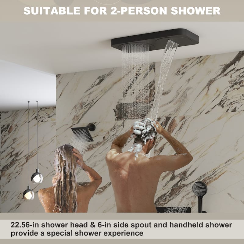 7-Spray Thermostatic 22.5"x 11.2" Rainfall Ceiling and 6" Wall Mount Dual Shower Head with Handheld Spray in Matte Black