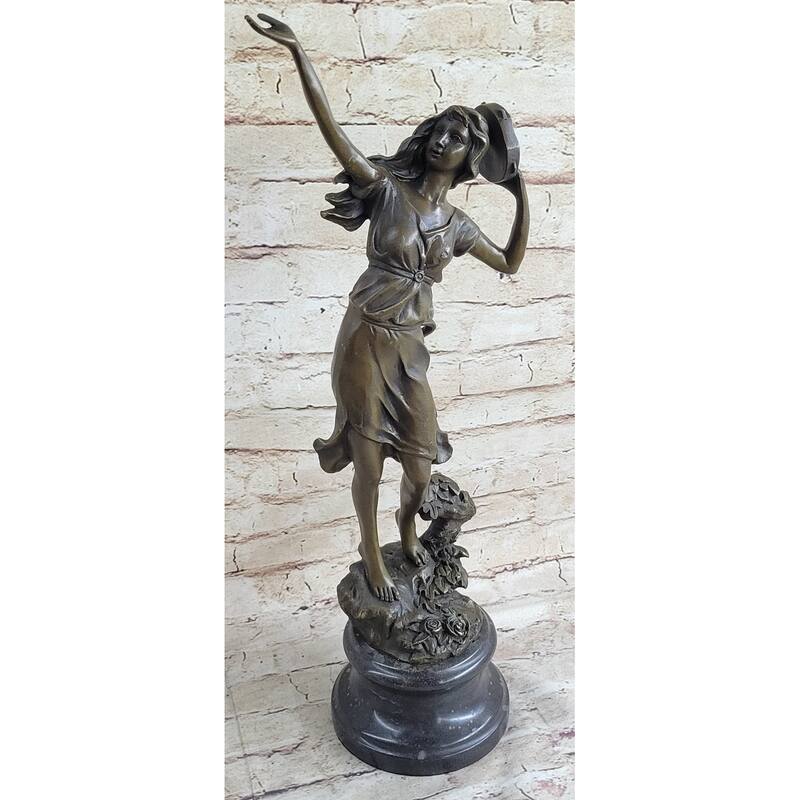 Girl Playing Tambourine Bronze Statue Sculpture Figure Musical Decor 20 Inches X 9 Inches