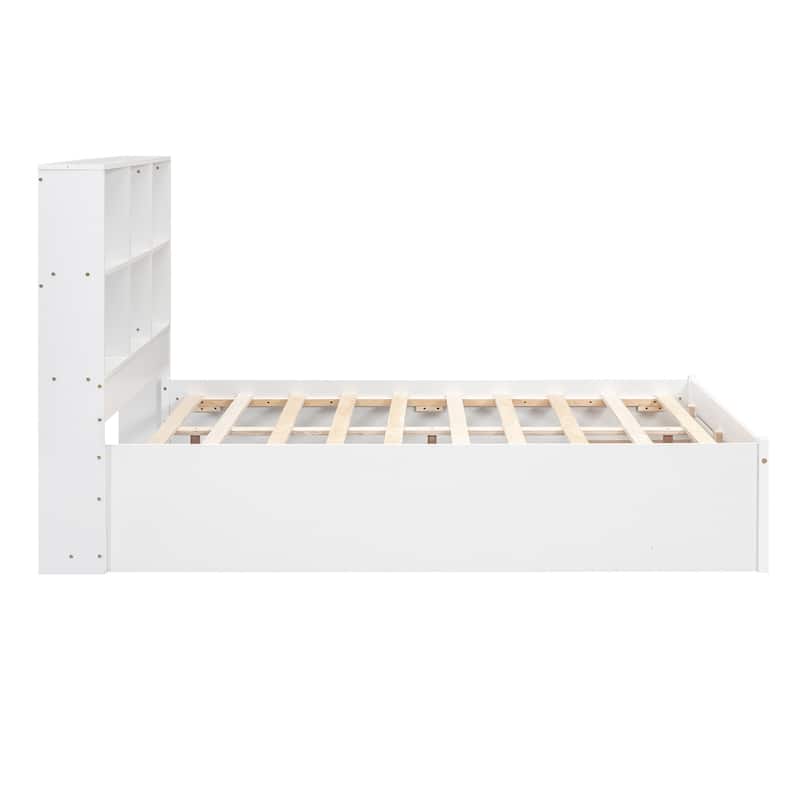 Full Size Platform Bed with Storage Headboard, Charging Station and 2 Drawers in White