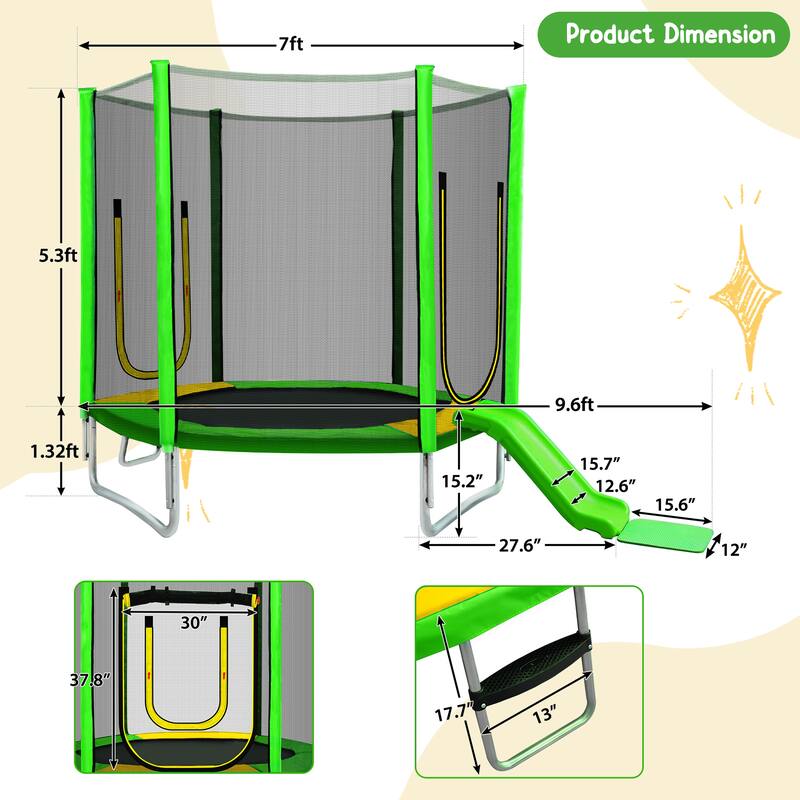 7FT Trampoline for Kids with Safety Enclosure Net, Slide and Ladder, Regular Hexagon Outdoor Recreational Trampoline