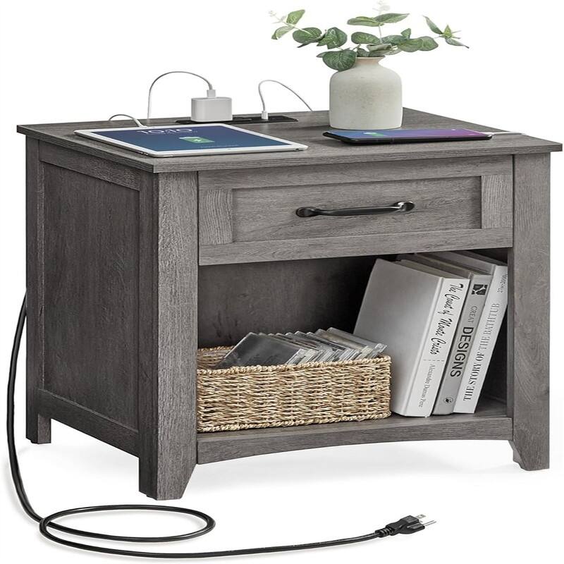 Nightstand with Charging Station - Misty Gray