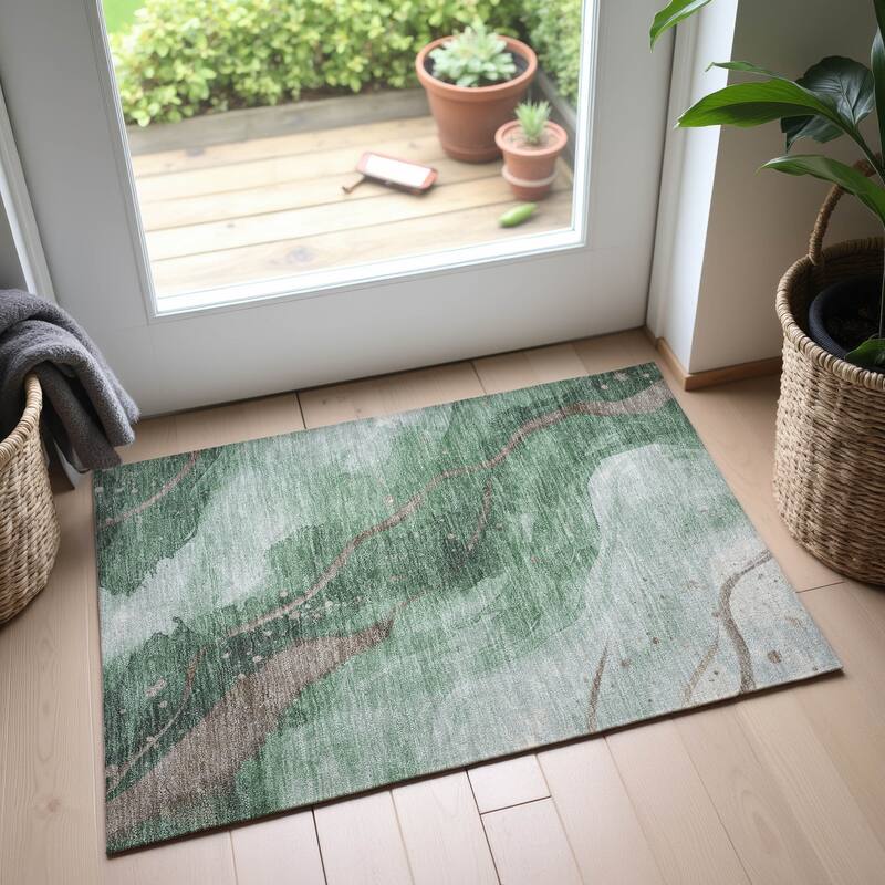 Premium Washable Super Soft Abstract Contemporary Mayfield Rug - Green - 1'8" x 2'6"