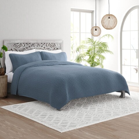 Soft Essentials All Season 3 Piece Floral Stitch Quilt Set with Shams