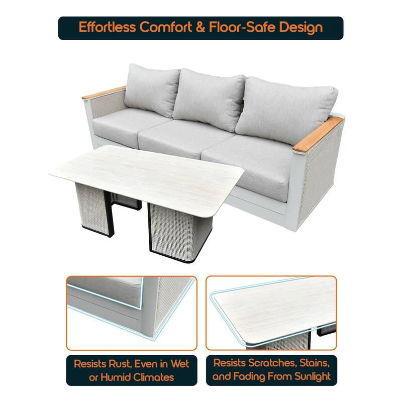 Arvin 4-Piece Outdoor Patio Conversation Set in Aluminum with Olefin Fabric Cushions Sintered Stone Rectangular Coffee Table