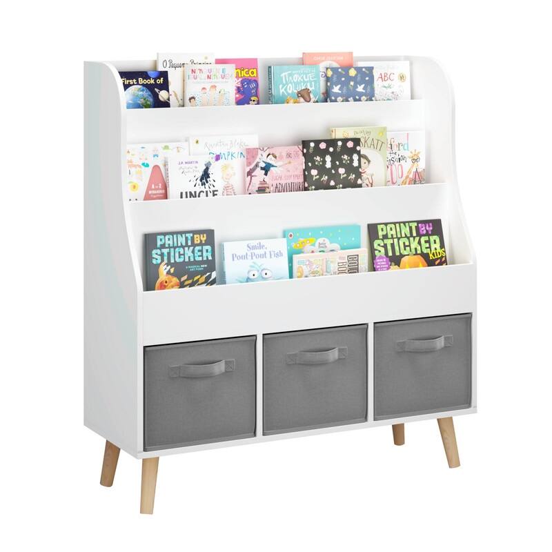 Kids Bookshelf with 3 Fabric Storage Bins - White Wooden Front-Facing Book Display Organizer with Pine Legs