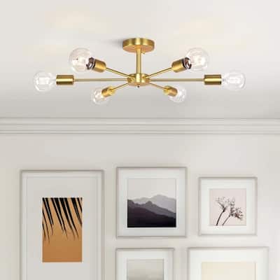 6-Light Modern Industrial Dimmable Sputnik Linear Cluster Semi-Flush Mount Light