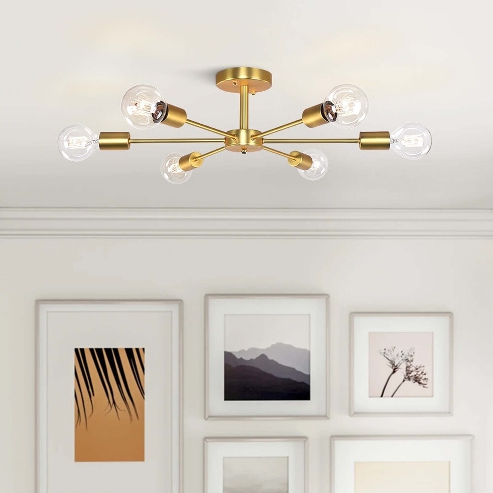 Rennnsan 6-Light Modern Industrial Dimmable Sputnik Linear Cluster Semi-Flush Mount Light