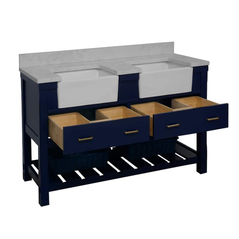 KitchenBathCollection Charlotte 60" Double Farmhouse Bathroom Vanity with Engineered Carrara Top