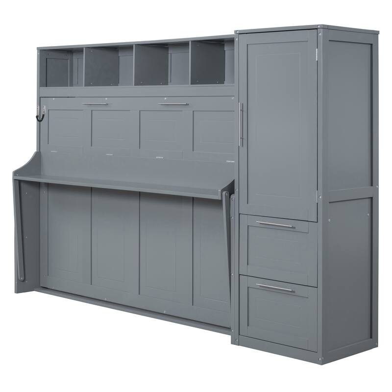 Space-Saving Queen Murphy Bed with Integrated Closet and Drawers, Gray