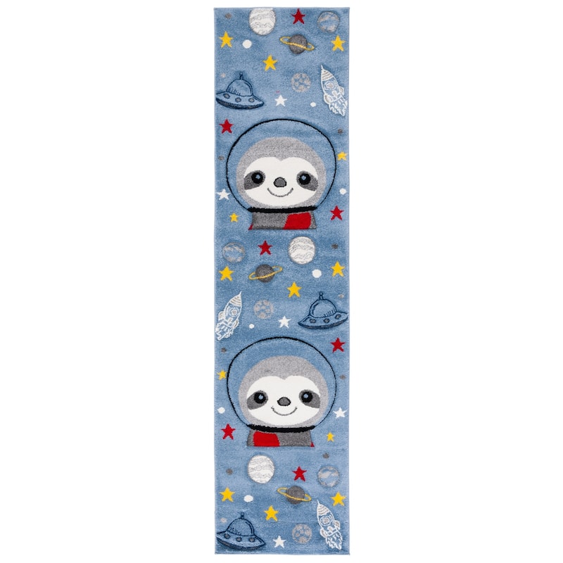 SAFAVIEH Carousel Kids Kolbrin Sloth Astronaut Rug - 2' x 8' Runner - Blue/Grey