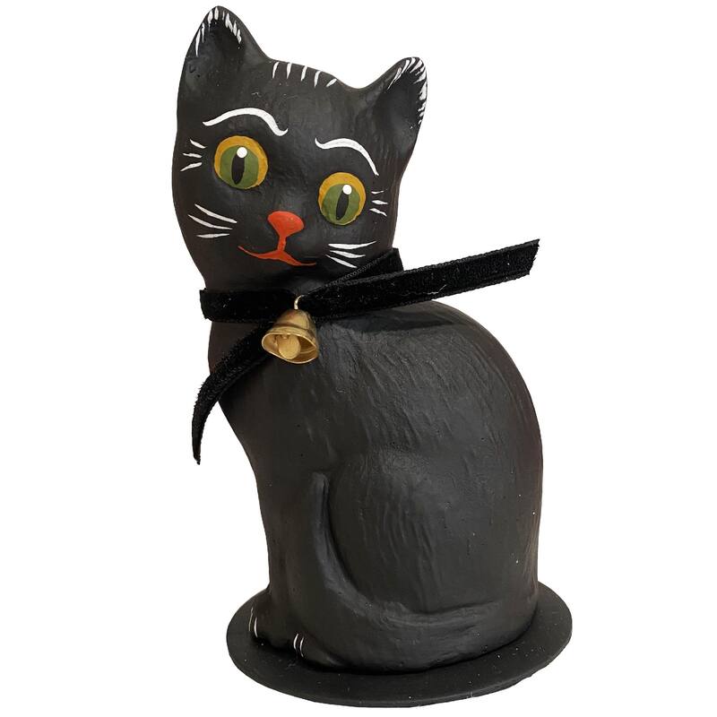 5.25” Paper Mache Black Cat with Bell Halloween Candy Container