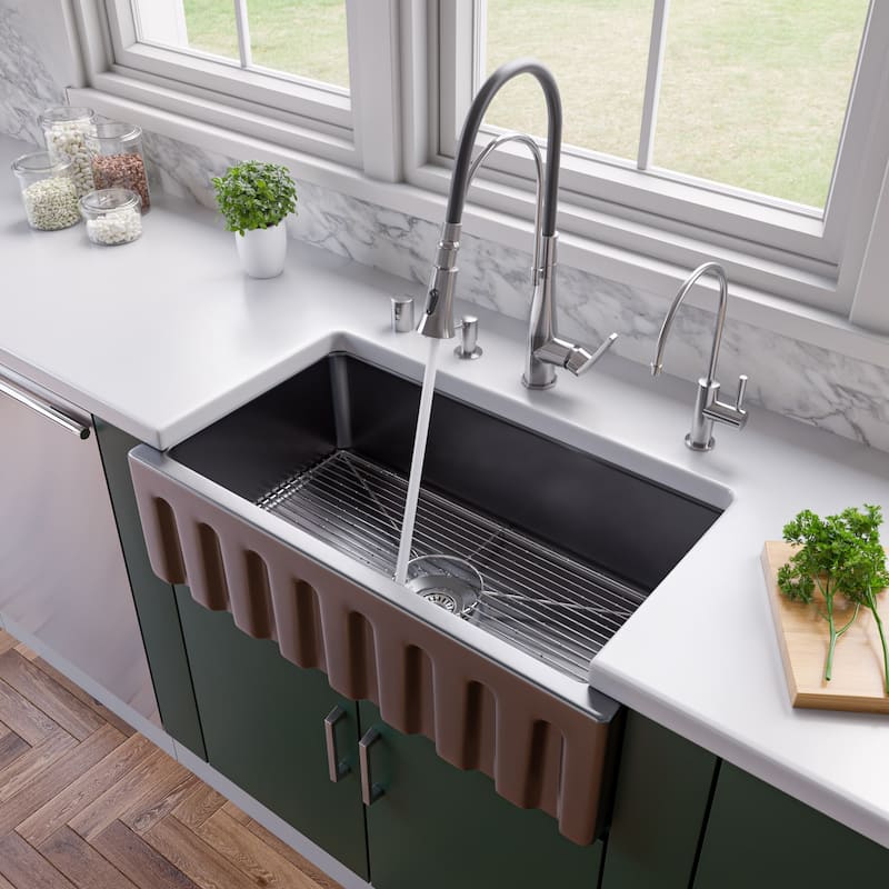 ALFI brand Modern 33" x 18" Reversible Fluted / Smooth Rectangular Fireclay Farm Sink - Black Gloss