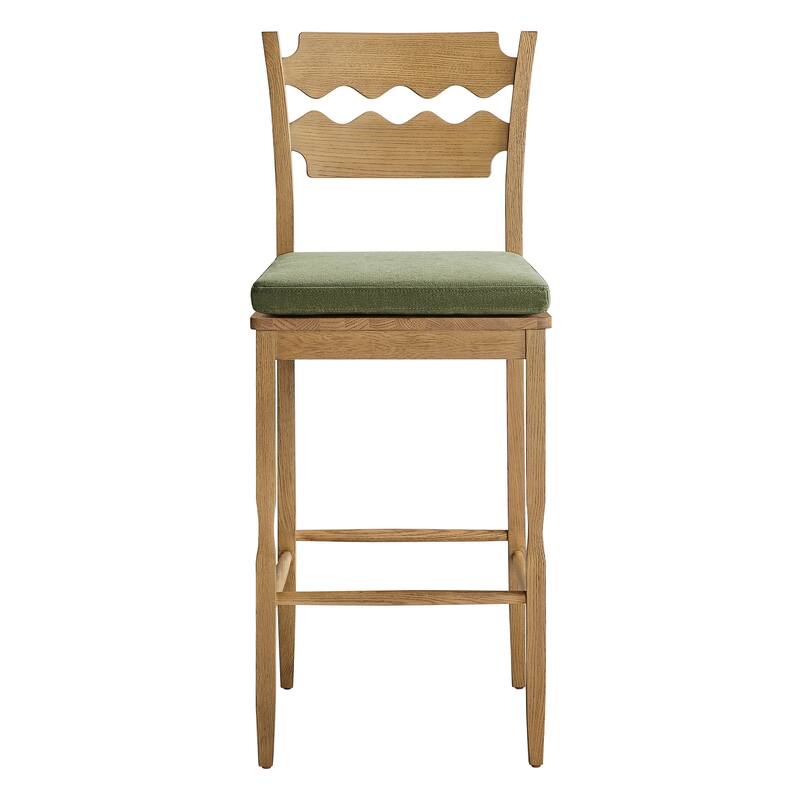 Jax Oak Wood Bar Stool With Wavy Razor Back and Cushion