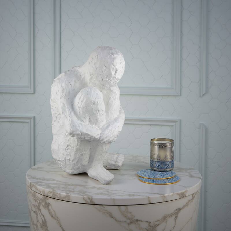 Roy Abstract Contemplative Man Figurine, White Resin Art, 27 Inch