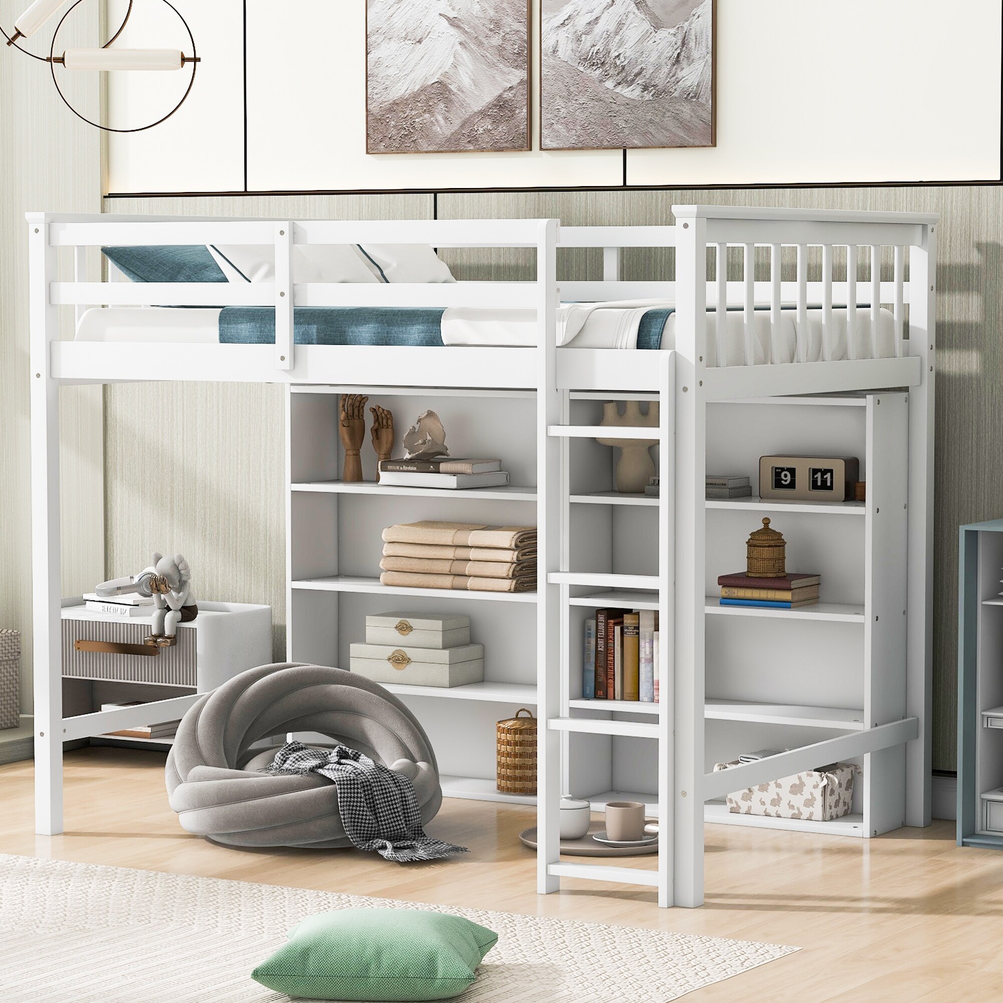White Loft Bed with 8 Open Storage Shelves and Built in Ladder Full length Guardrail On Sale Bed Bath Beyond 40675726