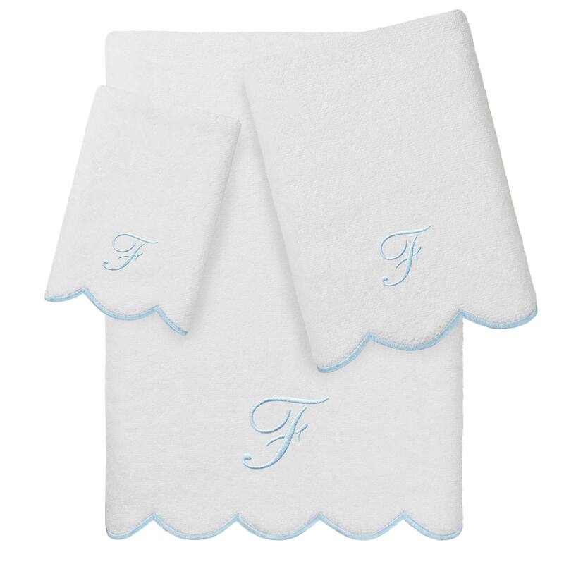 Authentic Hotel and Spa 100% Turkish Cotton Blue ADORNIA Scallop Personalized 3 Piece Towel Set - 3 Piece Set - F