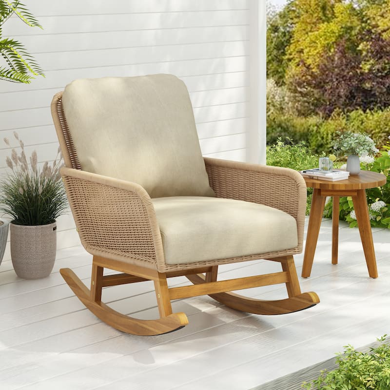 Contemporary Minimalist Wicker Rocking Chair with Soft Polyester Cushions and Durable Wooden Frame - Beige