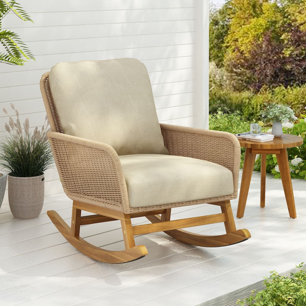 Contemporary Minimalist Wicker Rocking Chair with Soft Polyester Cushions and Durable Wooden Frame