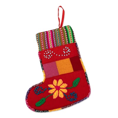Novica Handmade Christmas With Flowers Embroidered Christmas Stocking