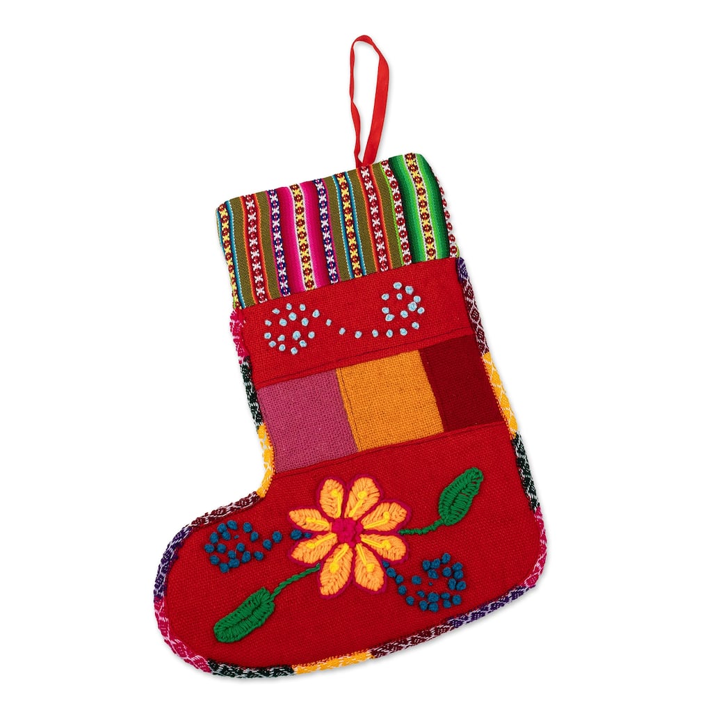 Novica Handmade Christmas With Flowers Embroidered Christmas Stocking